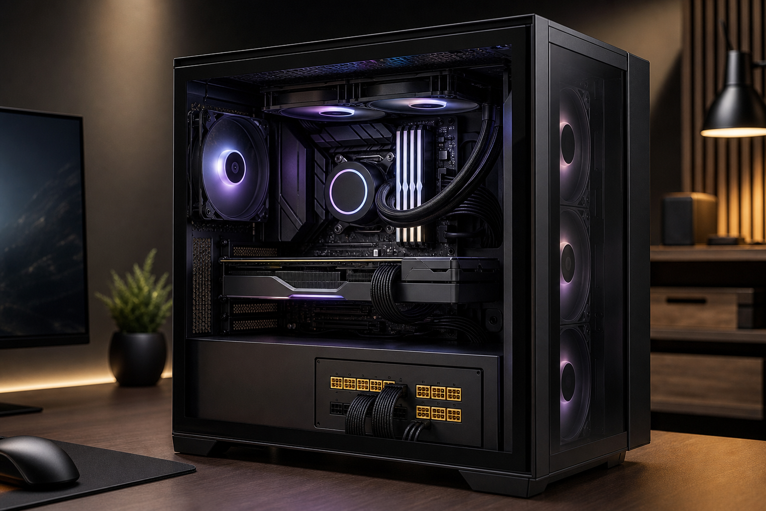 PC gaming finito con alimentatore premium visibile attraverso il pannello