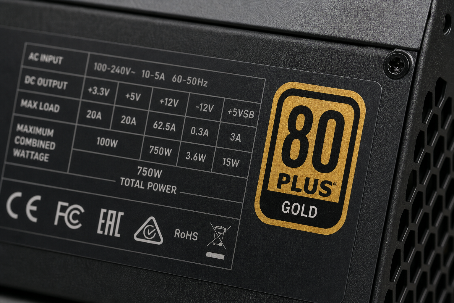 Primo piano dell'etichetta di certificazione 80 PLUS Gold su un alimentatore
