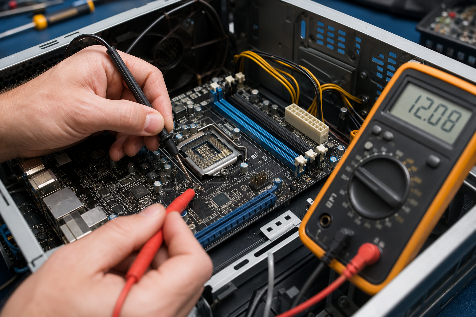 Tecnico che misura il voltaggio con un multimetro dentro un PC aperto