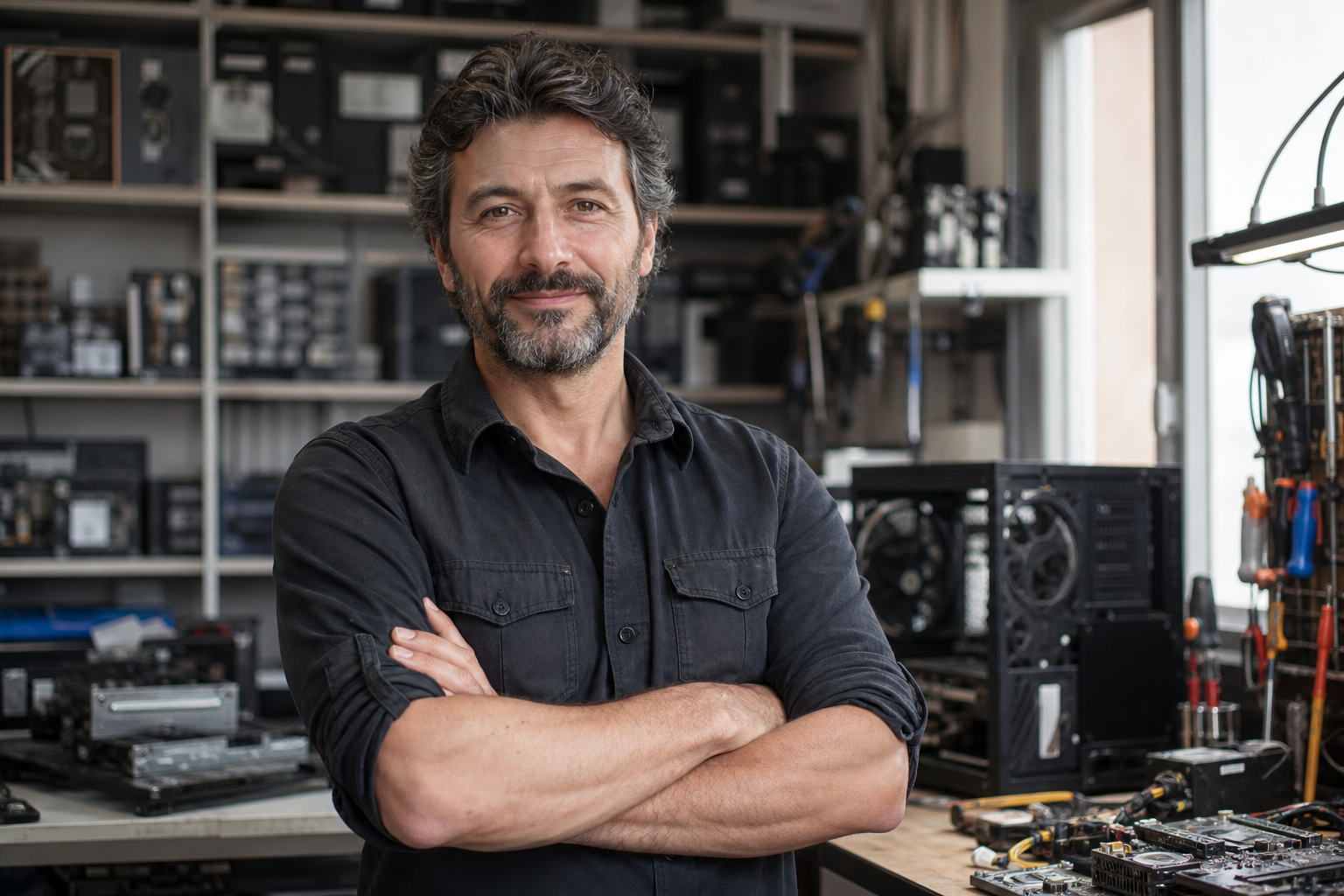 Diego Pace al banco di lavoro dell'officina Voltaggio a Parma